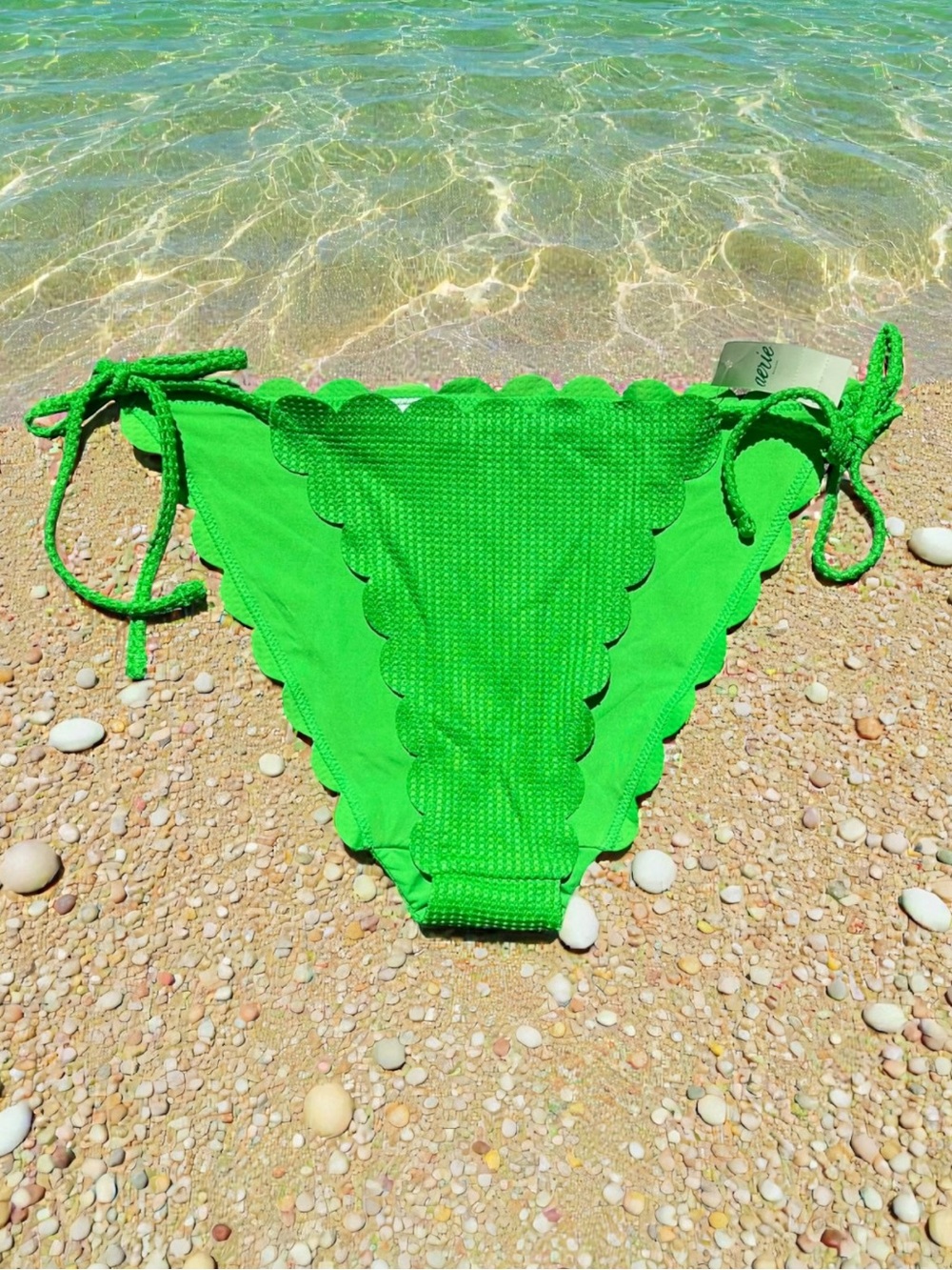 🌻NEW w/tag Aerie Green Tie Side Bikini Bottom Scalloped Textured Waffle Swim XL
